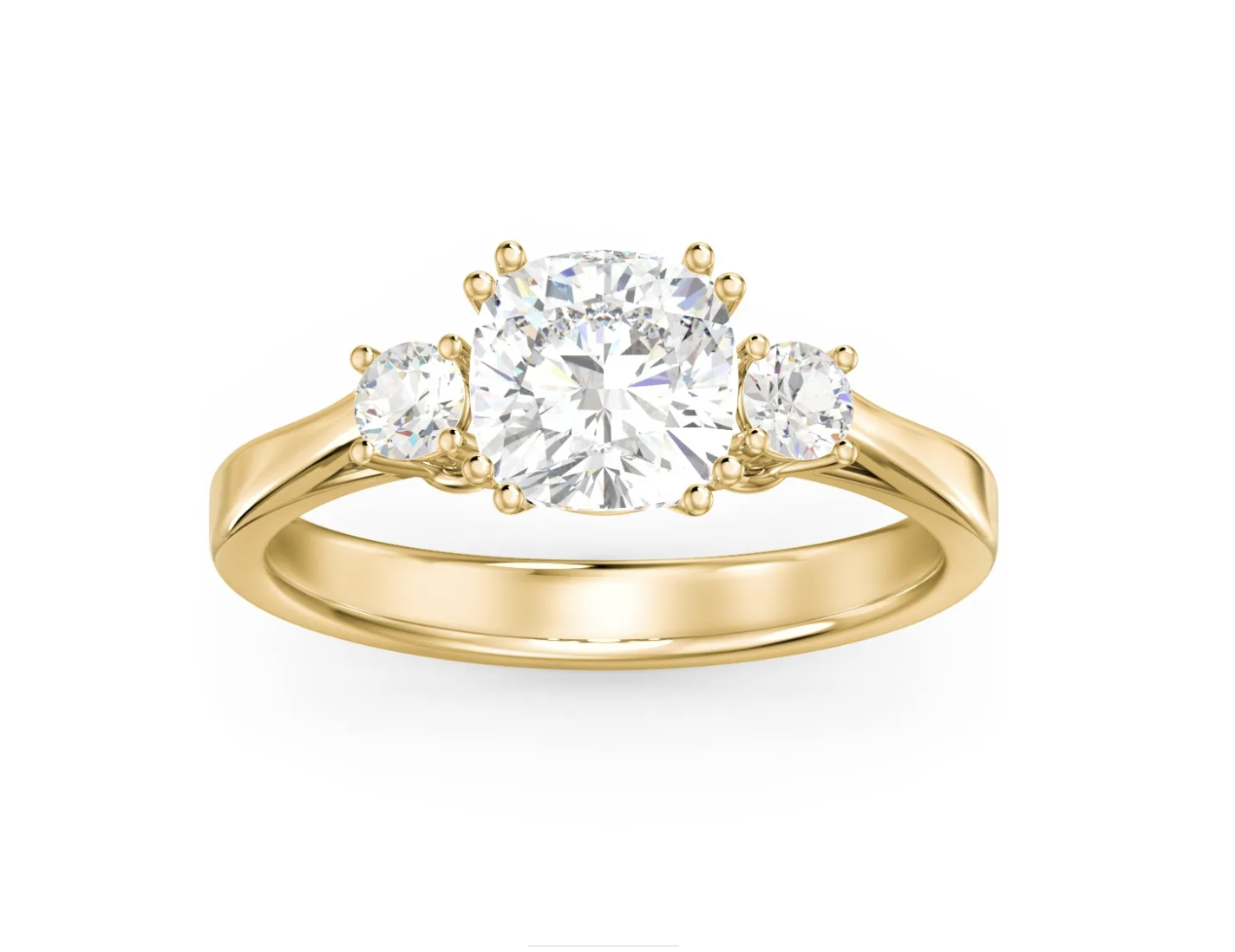 Meghan Markle Inspired 3.0 ct Lab Cushion Cut Three‑Stone Engagement Ring in 14 K Gold